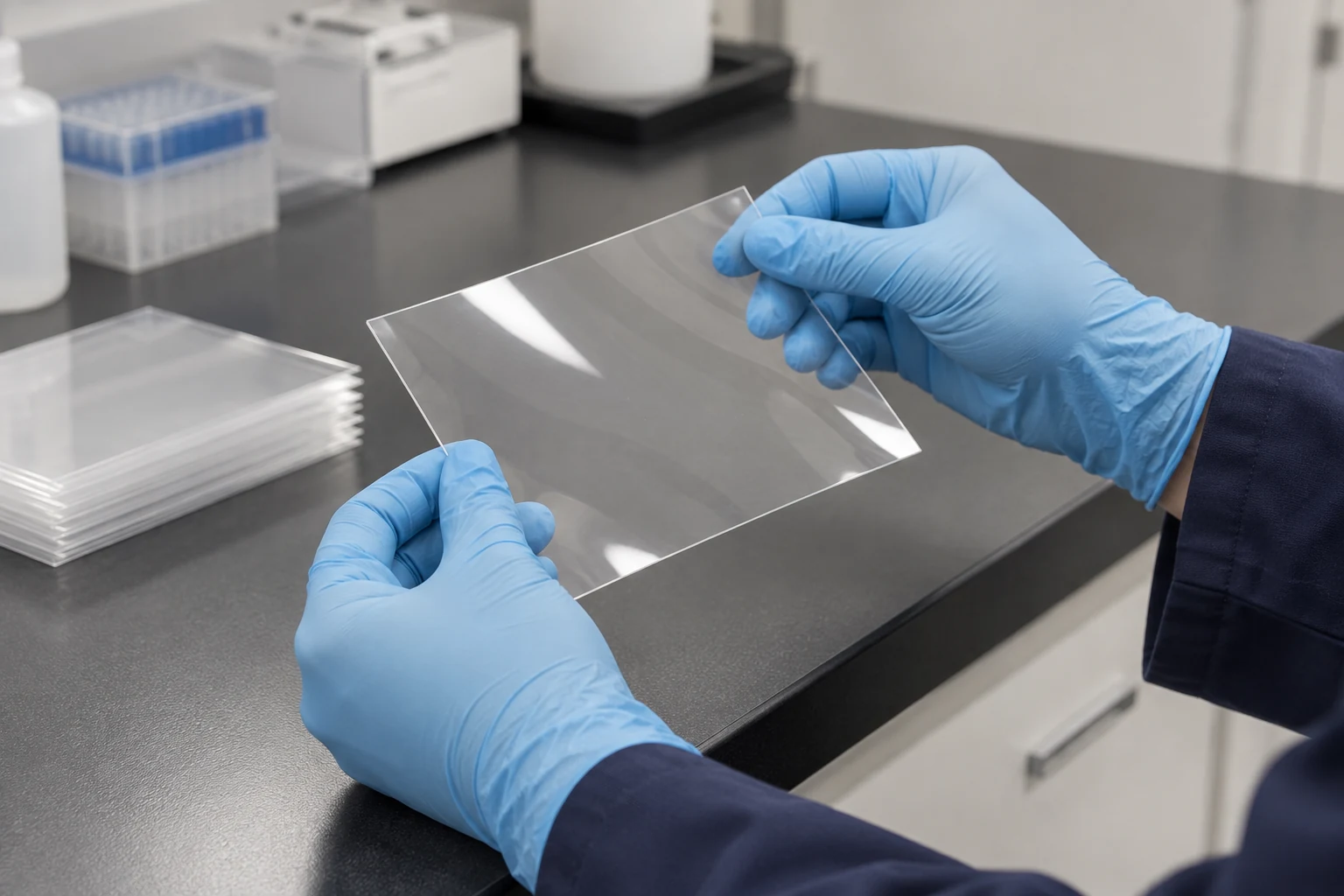 Illustrative close-up of gloved hands reviewing a clear sheet sample surface