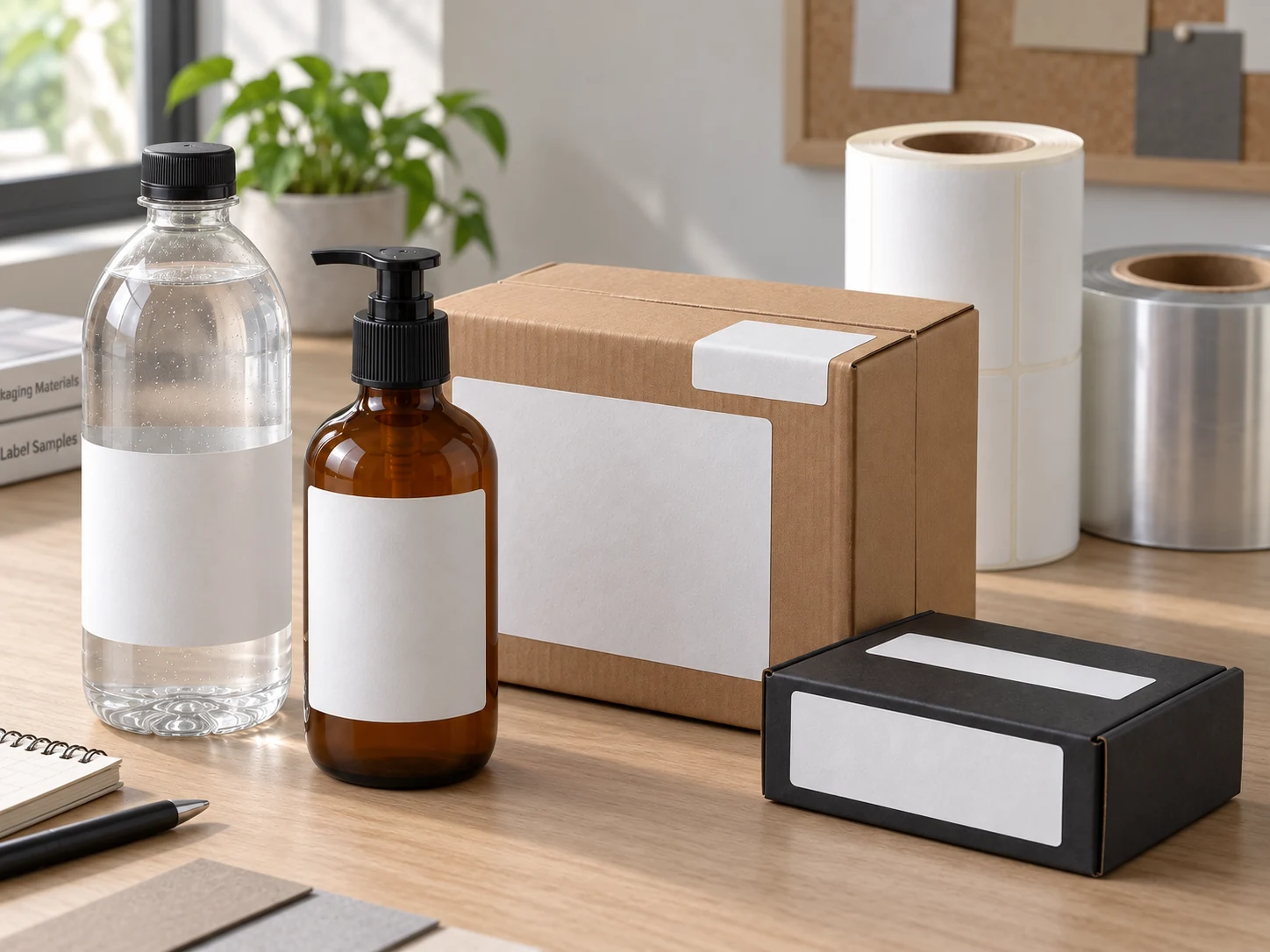 Illustrative bottle and carton label applications with label stock rolls