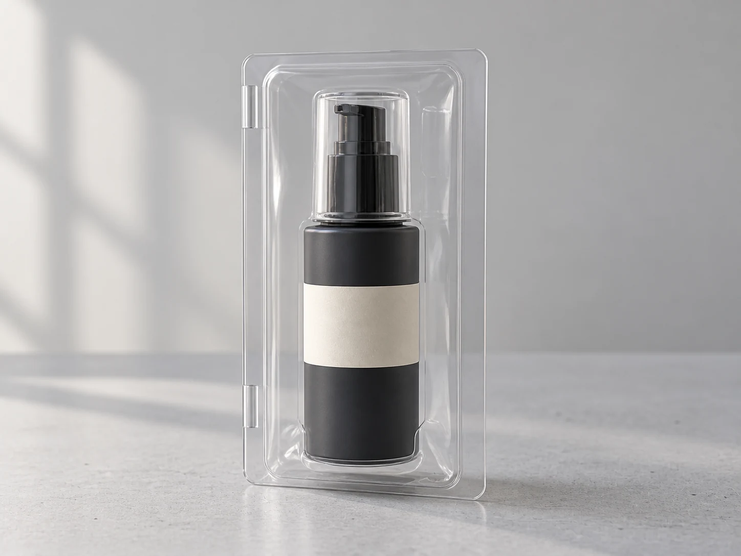 Illustrative pump bottle in a thin clear clamshell with a plain label