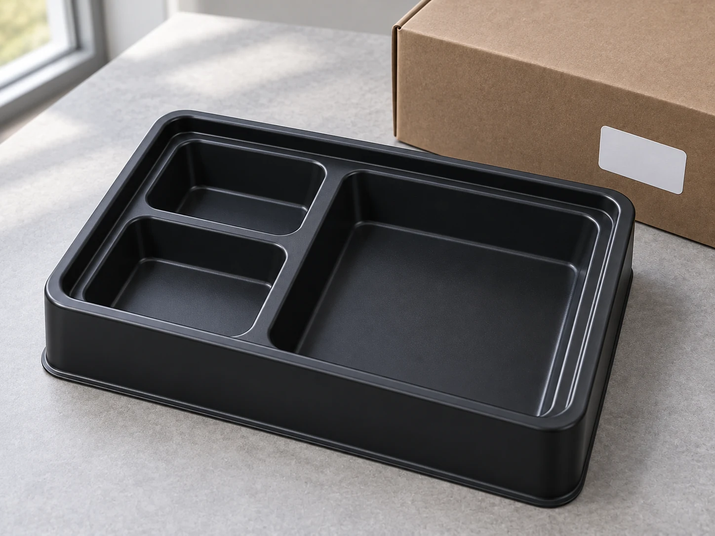 Illustrative empty black formed packaging tray and labeled carton