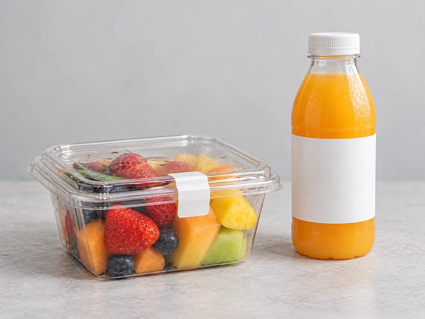 Illustrative clear fruit box and beverage bottle with adhesive labels