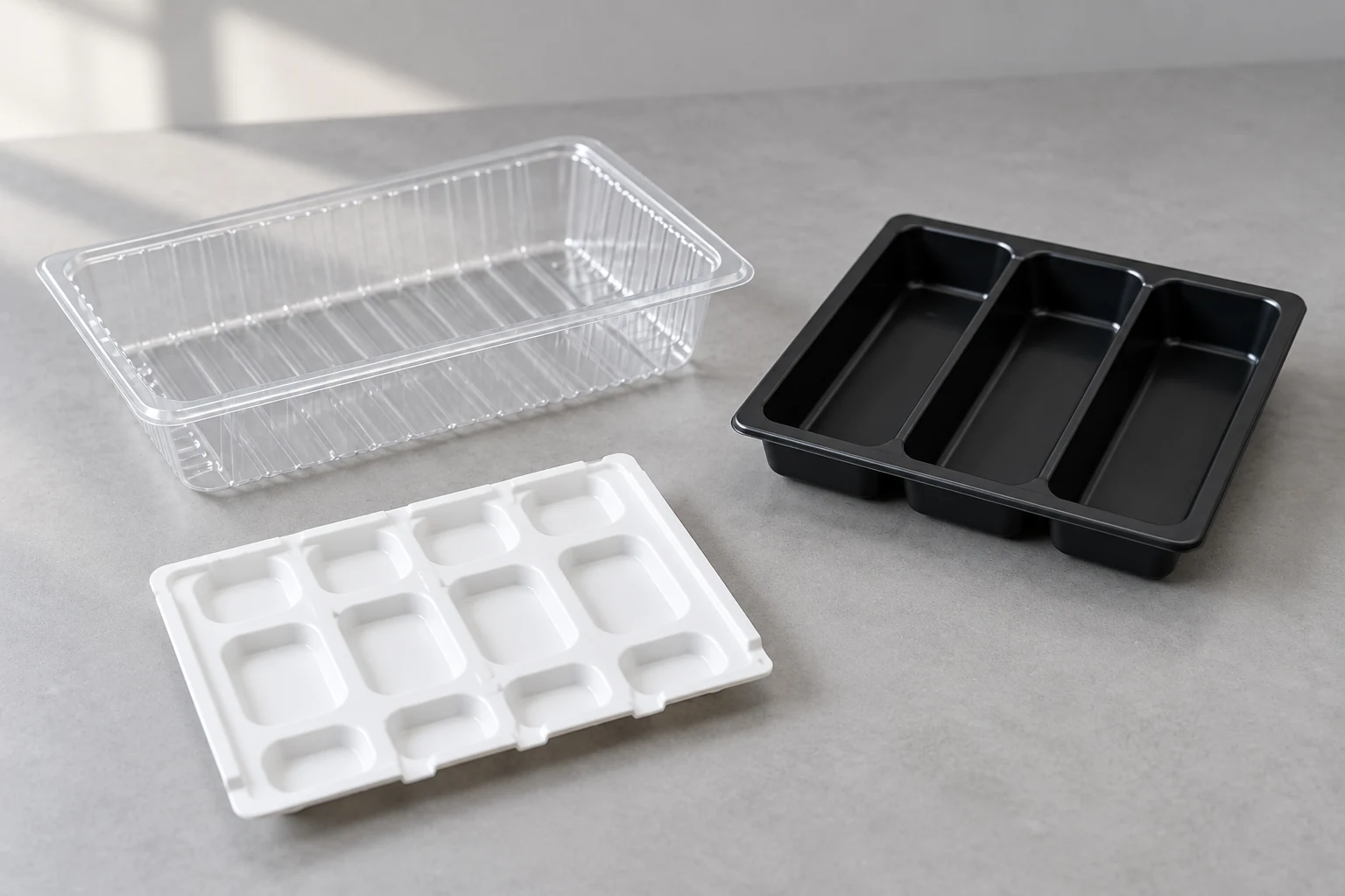 Illustrative clear, black and white empty formed packaging samples