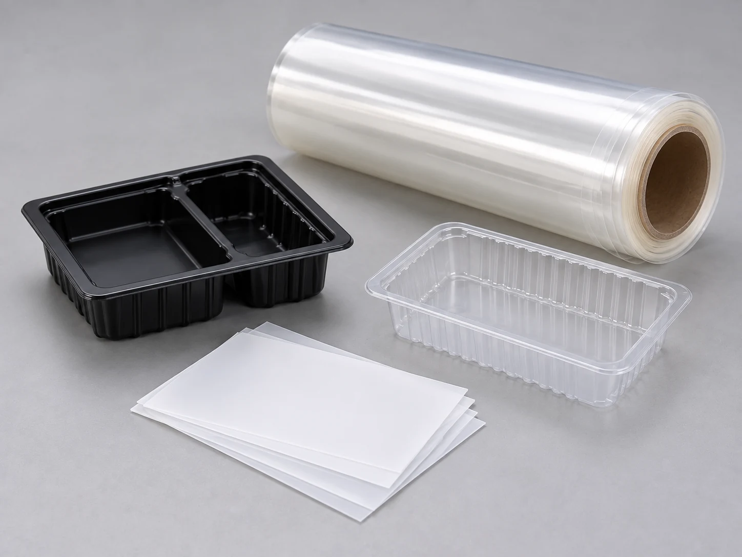Illustrative clear sheet roll, empty formed trays and white sheet samples