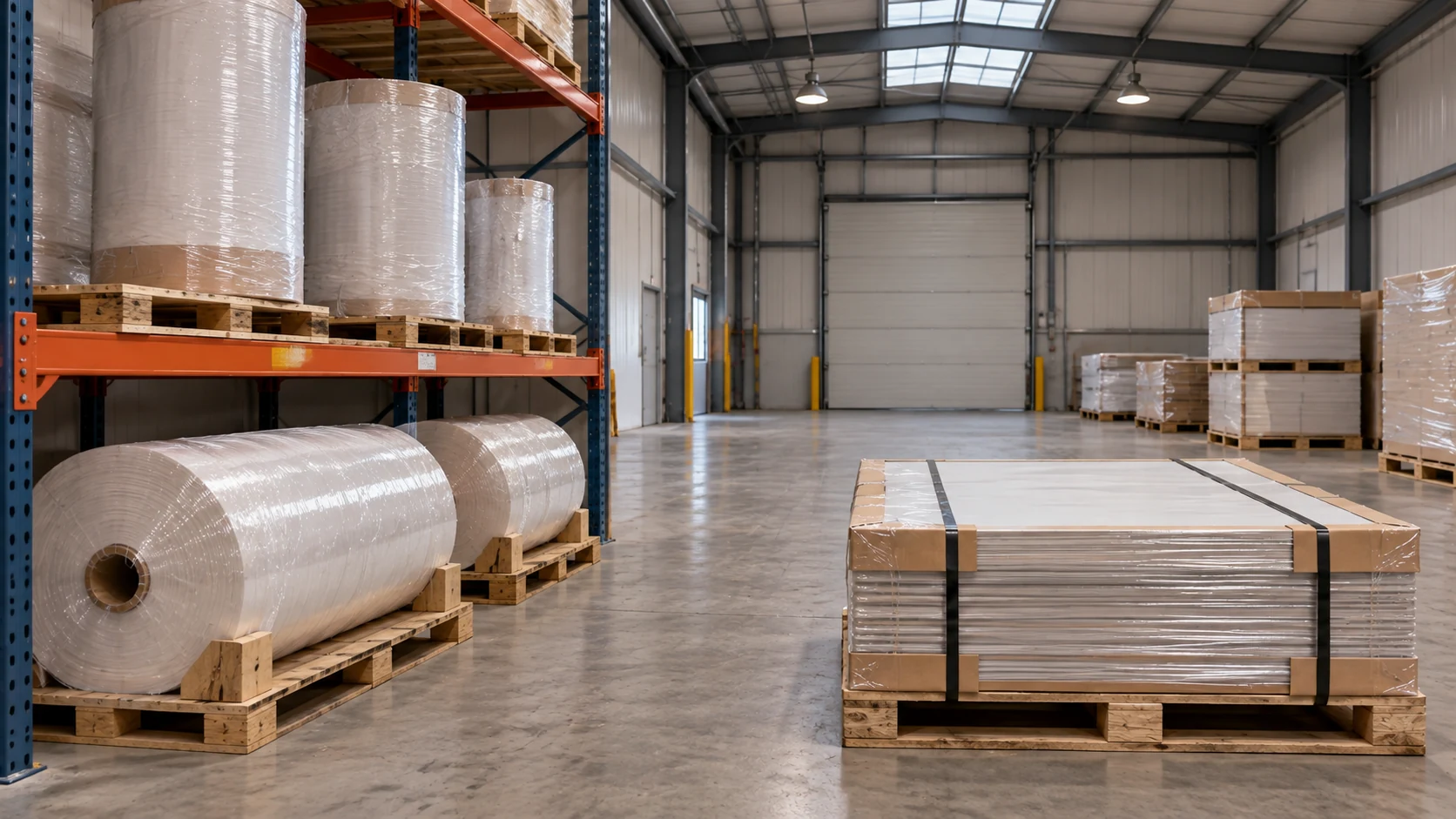 Illustrative wrapped roll stock and protected sheet pallets in a warehouse